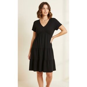 Olivia‎ Rae Women Dress Large Black Poly Blend Short Sleeve V Neck Ruffle Mini